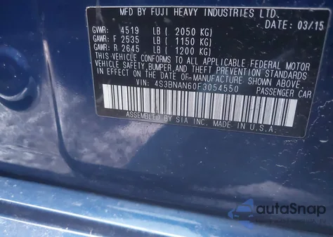 2015 Subaru Legacy 2.5I Limited from USA, damaged, VIN 4S3BNAN60F3054550